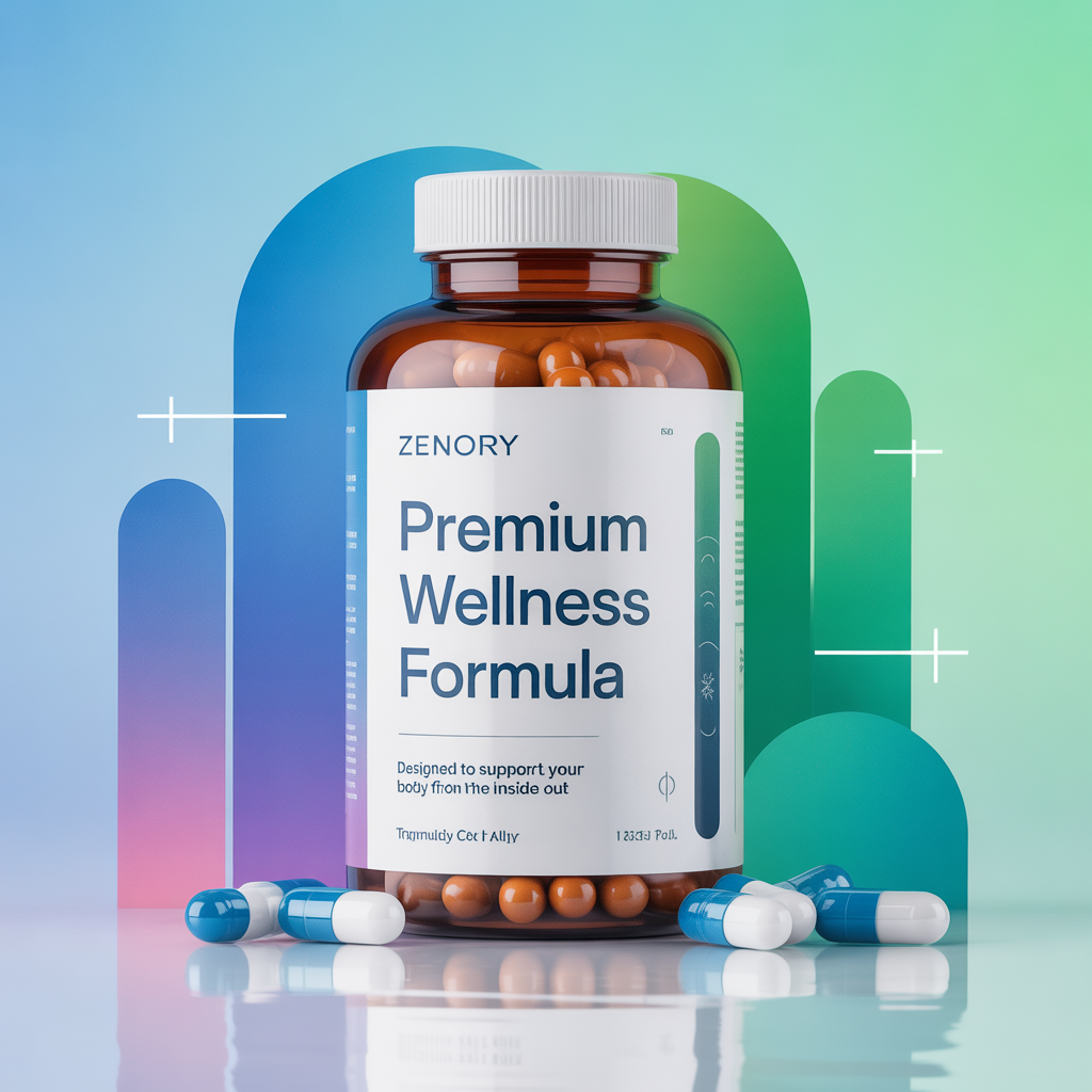 Zenory supplement bottle with ocean gradient label